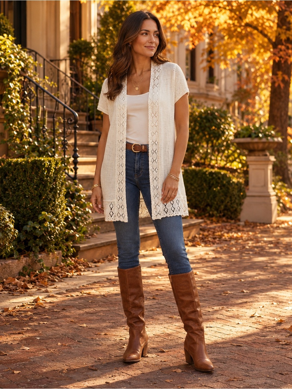 Lucy & Laurel Ivory Crochet Knit Longline Cardigan Boho Open Front M